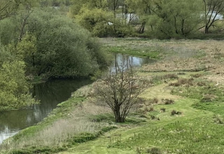 View of a peaceful river and lush trees near the Lilypad Bell Tent in the United Kingdom in spring.