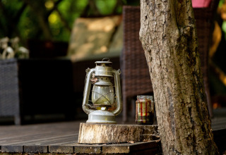 En gammel lanterne og en glaskrukke står på en træstub ved siden af et træ, udendørs ved Bedouin Bell Tent.