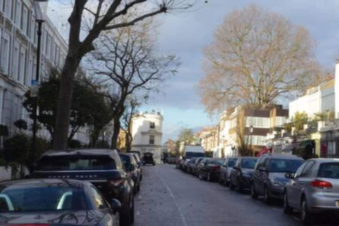 En stille britisk gade med parkerede biler på begge sider under store, bladløse træer og skyet himmel.