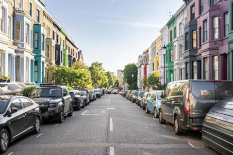 Farverige rækkehuse og parkerede biler langs en gade i Storbritannien på en solrig dag i byen.