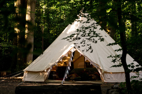 Tenda campana marocchina in una foresta del Regno Unito, vista esterna con ingresso aperto e luce diurna.