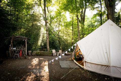 Foto della Moroccan Bell Tent nella foresta del Regno Unito, circondata da alberi e luce solare intensa.