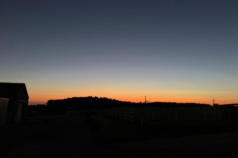 Paysage paisible au crépuscule près d'un étang, avec des silhouettes sombres et un horizon coloré.