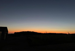 Paysage paisible au crépuscule près d'un étang, avec des silhouettes sombres et un horizon coloré.