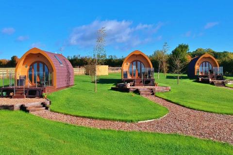 Trois pods en bois pour le glamping sur pelouse verte avec ciel bleu, idéals pour une escapade nature paisible.