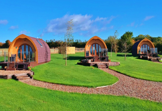 Trois pods en bois pour le glamping sur pelouse verte avec ciel bleu, idéals pour une escapade nature paisible.