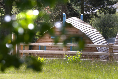 Een houten glampingpod bij Blackcleugh Glamping in het VK, gezien door groene bladeren in de zon.