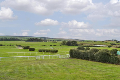 Foto van een groot groen veld met heggen en afrasteringen onder een bewolkte lucht, mogelijk een renbaan.