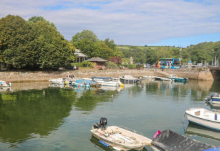 Scène portuaire à Oak Tree Lodge, Royaume-Uni, avec bateaux, arbres verts et un bus à l’arrière-plan.
