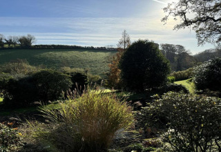 Vue ensoleillée depuis le mobil-home Oak Tree Lodge au Royaume-Uni avec collines verdoyantes et buissons.
