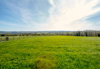 Uitgestrekte groene weide met omheining en verre bomen, gefotografeerd bij een pod onder heldere lucht.