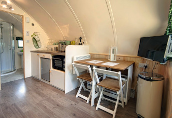 Moderne pod met keukentje, eettafel, twee stoelen, televisie en badkamer met douche op de achtergrond.
