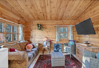 Cozy living area at Woodland Lodge chalet in the UK with wood walls, sofa, chairs, and mounted TV.