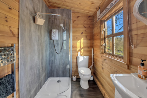 Modern wooden chalet bathroom with shower, toilet, and window, Woodland Lodge, United Kingdom.