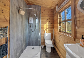 Modern wooden chalet bathroom with shower, toilet, and window, Woodland Lodge, United Kingdom.