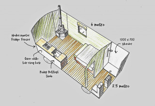 Plattegrond van het mobiele huis 'Joan' Shepherds Hut in het VK met keuken, bed en douche.