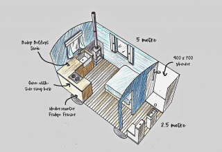 Disegno 3D della tiny house ‘Susanna’ Poachers Hut nel Regno Unito con cucina, letto e doccia.