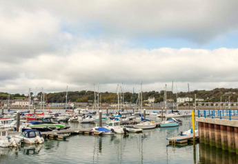View from a glamping site overlooking a marina with several yachts and boats on a cloudy day.