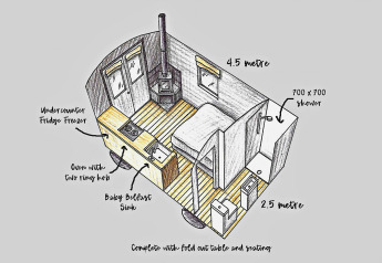 Getekende plattegrond van ‘Elen’ Gypsy Hut mobiele woning in het VK, met indeling en afmetingen.