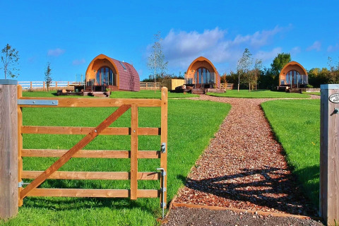 Three cozy wooden pods sit on a grassy field behind a wooden gate under a bright blue sky.