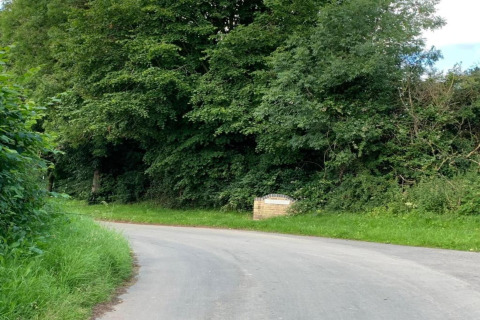 Route sinueuse devant des arbres à l'entrée du pod Worm Dale au Royaume-Uni, cadre verdoyant.