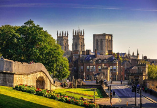 Scenic city view of York with historic walls, lush greenery, and the iconic York Minster in the background.