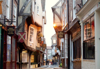 Smal, schilderachtig straatje met historische vakwerkhuizen en winkelborden in de avondschemer.