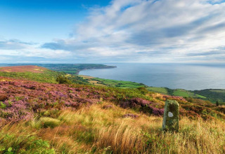 Panoramic view of coastal landscape with fields, heather, a stone marker, and the vast sea under clouds.