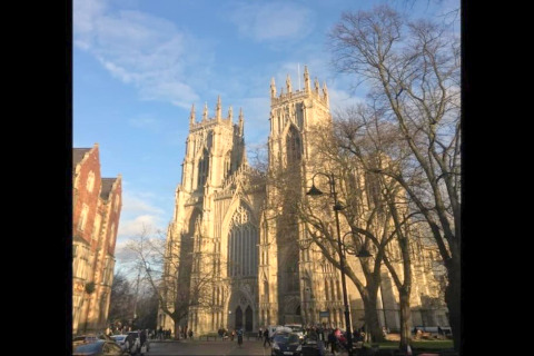 Foto scattata da una capsula, mostra una maestosa cattedrale gotica sotto un cielo azzurro e alberi alti.