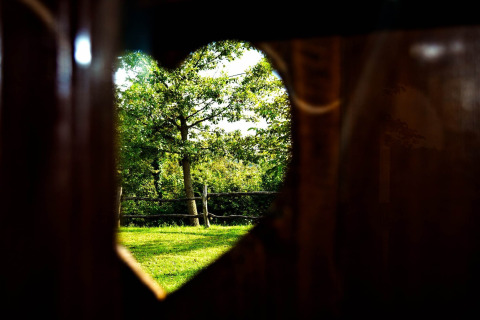 Zicht door hartvormig houten raam op tuin en boom bij Stara Hiža Vlašić Chalet, Kroatië.