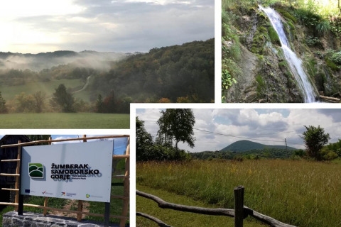 Collage of Žumberak Samoborsko Gorje nature park landscapes, waterfall, and hills, seen from Stara Hiža Vlašić, Croatia.