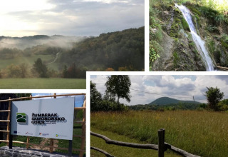 Collage van natuurbeelden uit Žumberak Samoborsko Gorje met waterval, gezien vanuit Stara Hiža Vlašić, Kroatië.