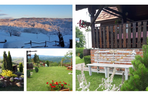 Uitzicht op chalet Stara Hiža Vlašić in Kroatië, met besneeuwd winterlandschap en groene privétuin in de zomer.