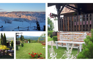 Uitzicht op chalet Stara Hiža Vlašić in Kroatië, met besneeuwd winterlandschap en groene privétuin in de zomer.