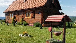 Chalet Stara Hiža Vlašić avec jardin privé, maison en bois et fleurs en pots au premier plan.