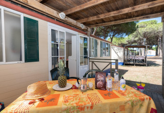 Buiten terras bij stacaravan Luna Pineta in Italië, met tafel vol fruit, snacks en drankjes.