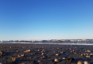 Niedrige Aufnahme eines Strandes mit Muscheln im Sand, Wellen im Hintergrund und klarem Himmel.