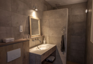Moderne badkamer met houten accenten, spiegel en wastafel in chalet Holiday home De Vlonder, Nederland.
