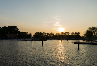 Vista al atardecer desde la casa flotante «Agua Dolce» en Países Bajos, con árboles y muelles al fondo.