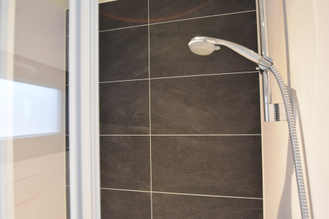 Modern shower with dark tiles and handheld shower head in a houseboat named 