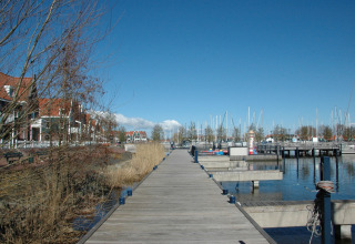 View from houseboat 'Boat' in the Netherlands, showing walkway, red-roofed houses, and marina.