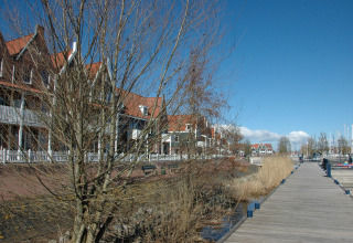 Red-roofed houses and wooden boardwalk by a marina in the Netherlands on a clear, sunny day.