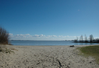 View from houseboat 'Boat' in the Netherlands showing a sandy beach, calm water, and blue sky.