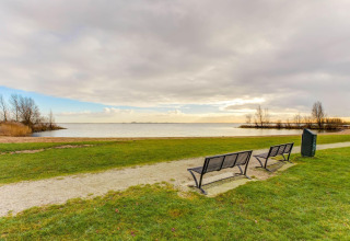 To bænke og en skraldespand ved en søbred i Holland, med træer og skyer i baggrunden.