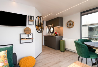 Interno di una moderna houseboat con soggiorno, piccola cucina, decorazioni e sedie verdi nei Paesi Bassi.