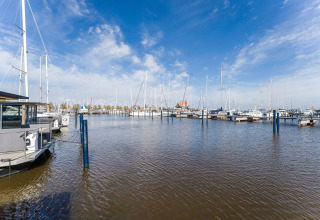Vista dalla houseboat La Belle Vie nei Paesi Bassi con marina, barche a vela e cielo azzurro limpido.