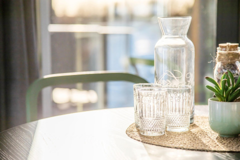 Sollys skinner gennem et vindue på et bord med glas, karaffel og sukkulent på husbåden Marina Sunrise.