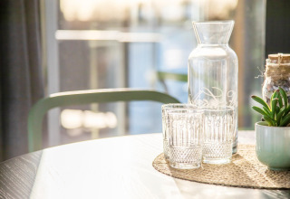 Sollys skinner gennem et vindue på et bord med glas, karaffel og sukkulent på husbåden Marina Sunrise.