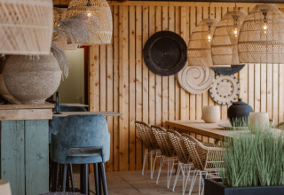 Indretning af strandhus med træpaneler, fletlamper, moderne stole og naturpynt ved Beach Houses Zandvoort 2.