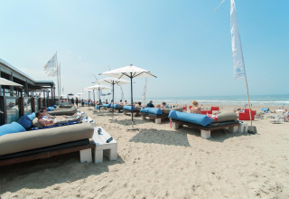 Folk slapper af på strandhuse med store liggestole, parasoller og havudsigt på en solrig stranddag.